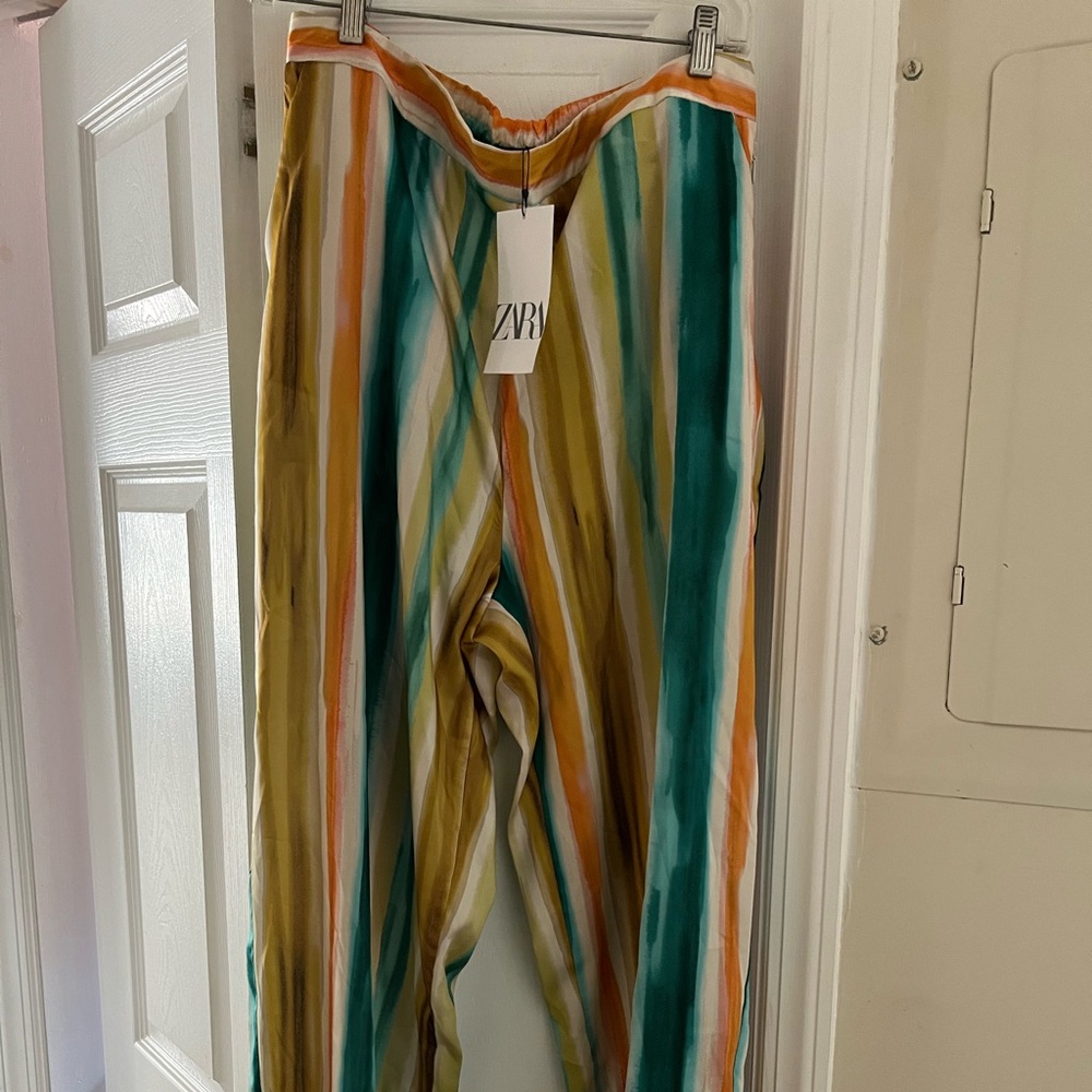 Stripped print straight pants, multi colored, XL